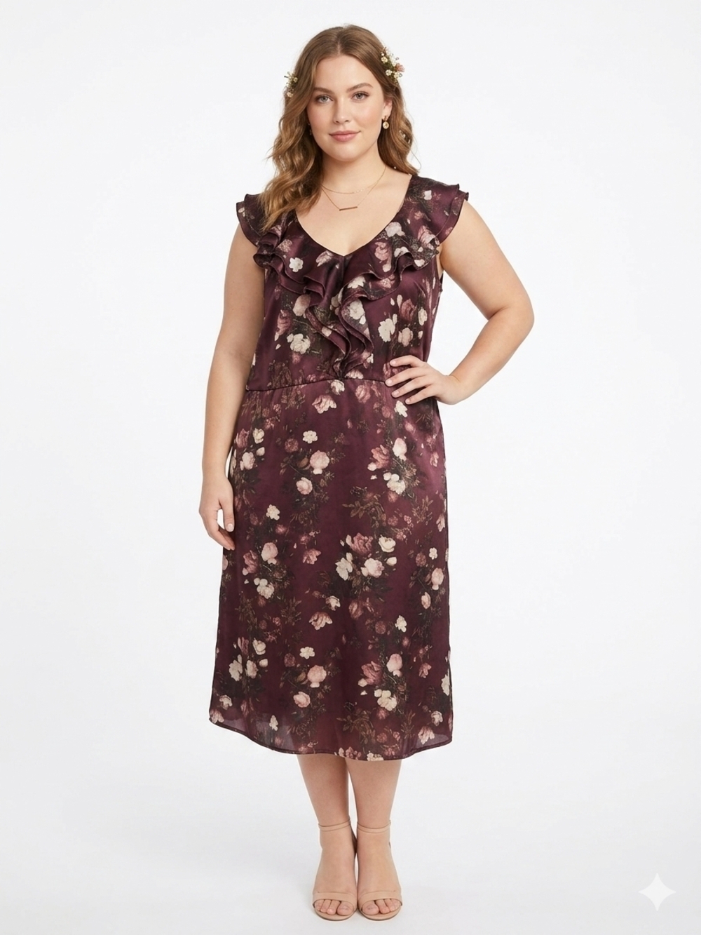 Converse Burgundy Floral Ruffle Midi Dress